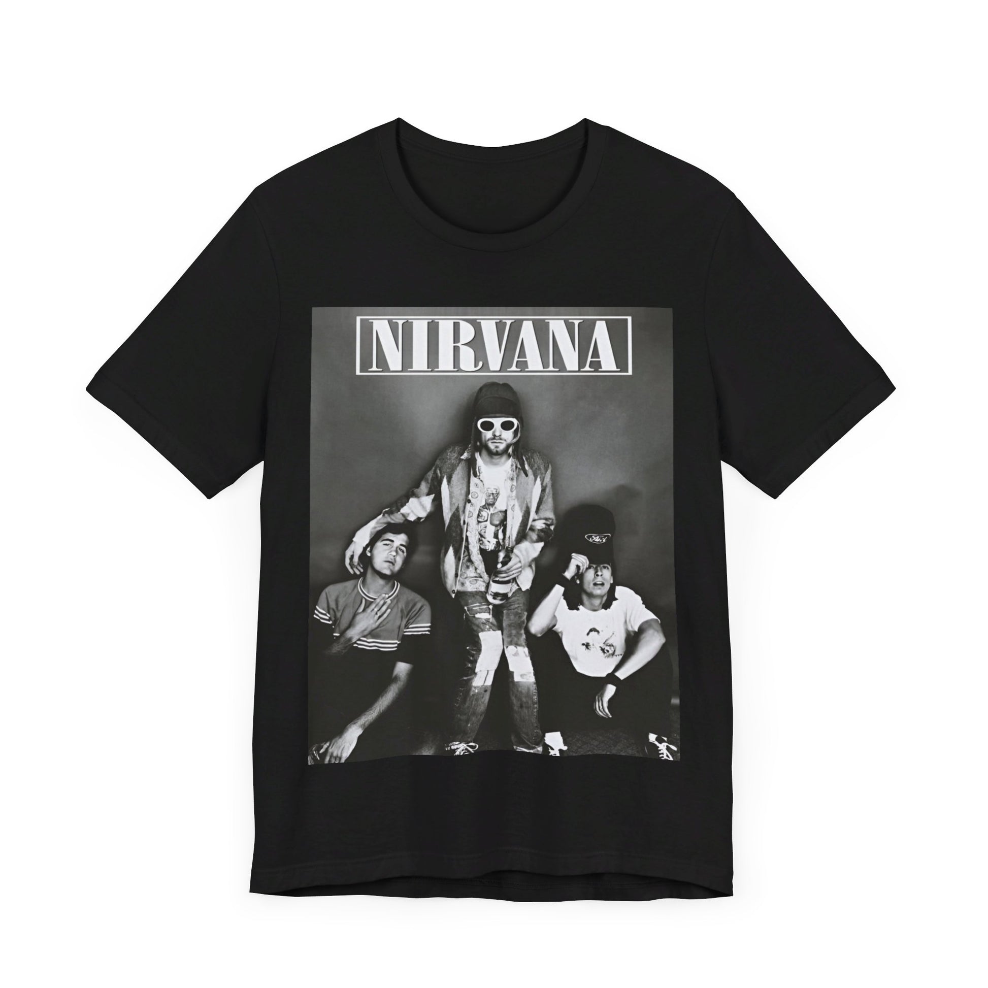 A black graphic t-shirt featuring a 90s rock rebels graphic of Nirvana.