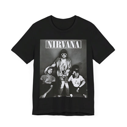 A black graphic t-shirt featuring a 90s rock rebels graphic of Nirvana.