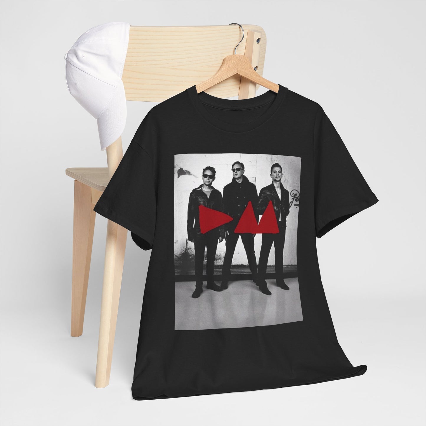 A black graphic t-shirt featuring a photo portrait of the synth-pop band Depeche Mode.