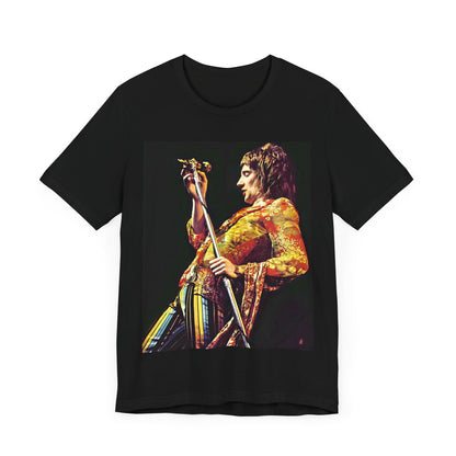 A black graphic t-shirt featuring a retro 70s graphic or photo of Rod Stewart performing live on stage.