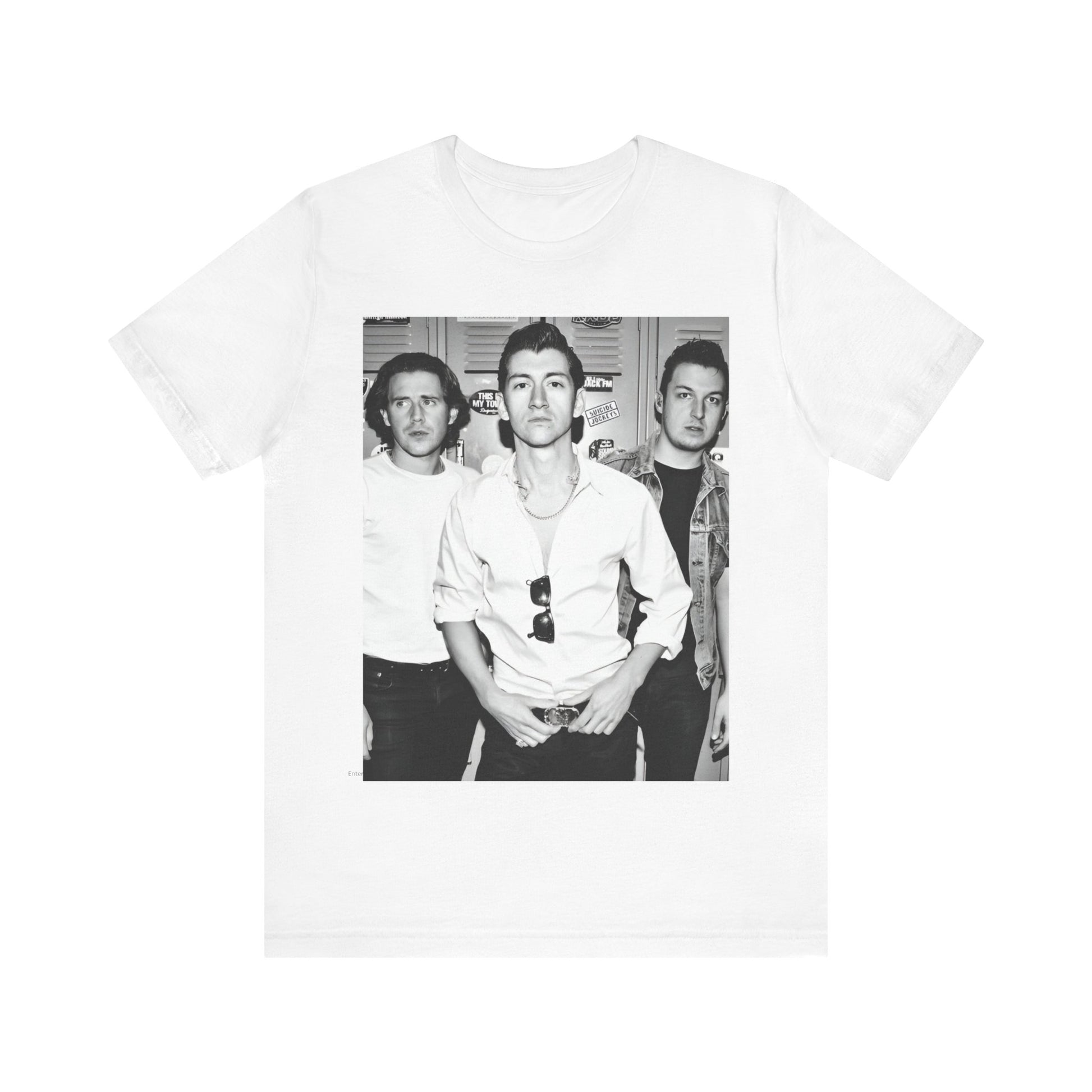 A black graphic t-shirt featuring a vintage-style design related to Arctic Monkeys' 'AM' album era, possibly with the album art or band imagery.