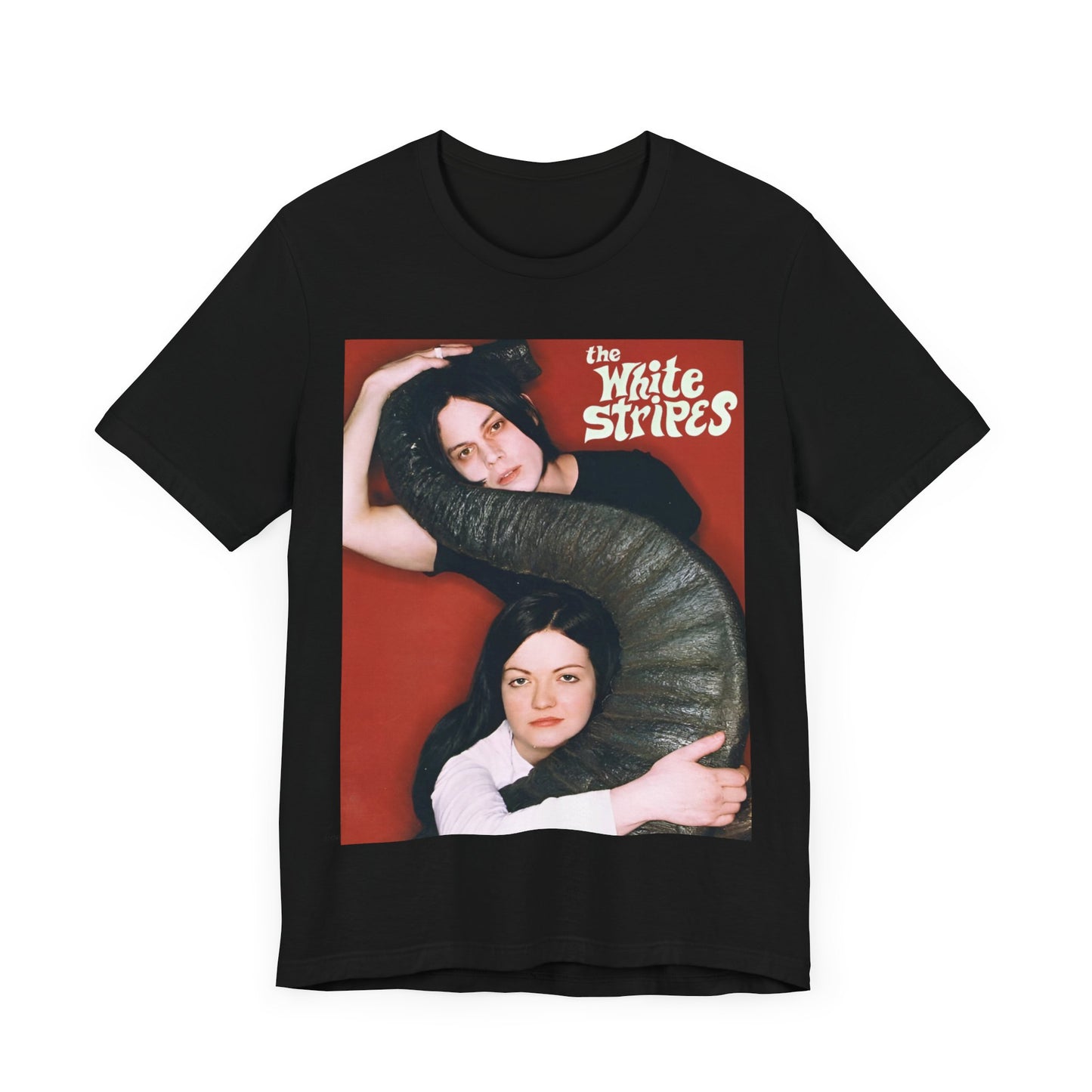 A black graphic t-shirt featuring a vintage graphic related to The White Stripes' 'Elephant' album era.