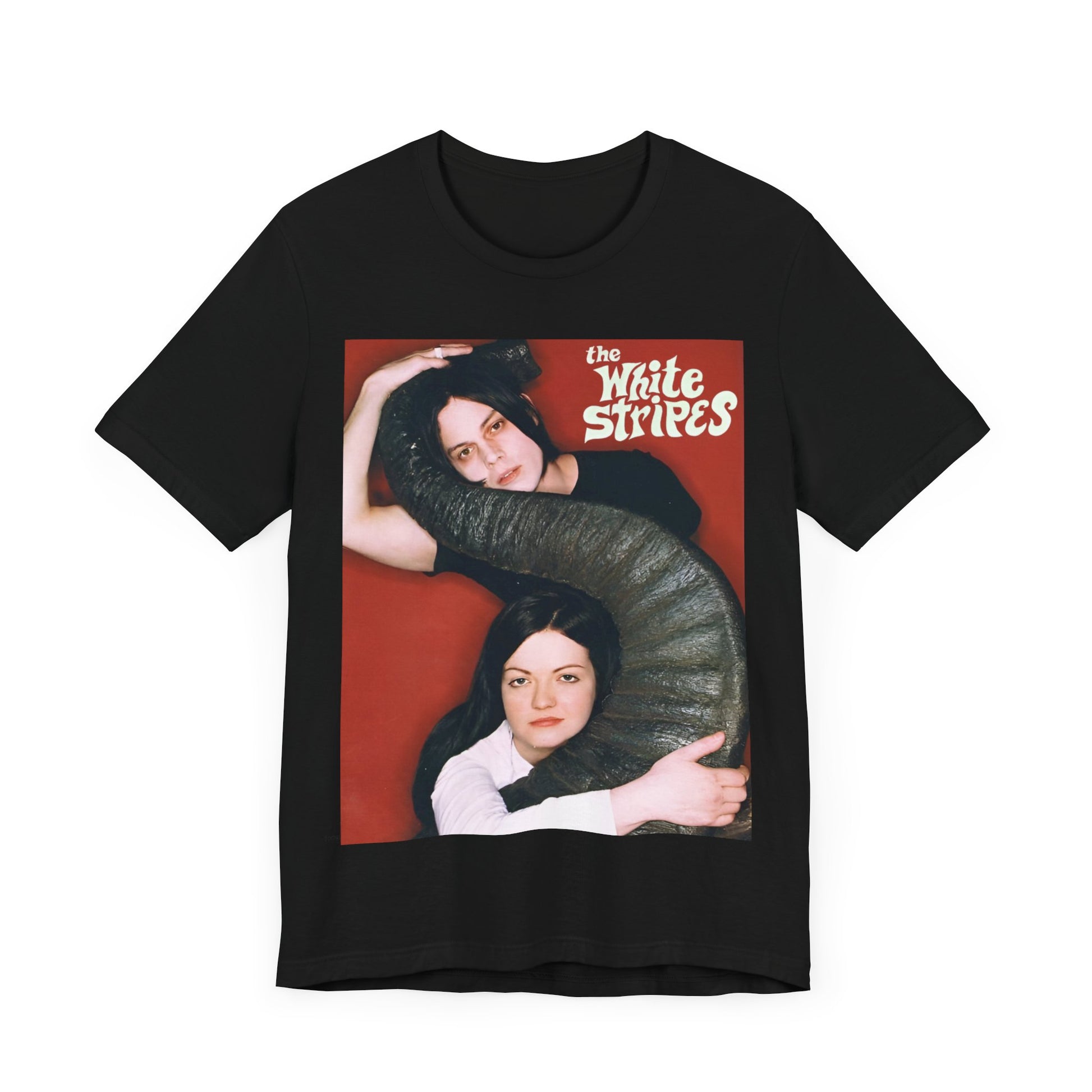 A black graphic t-shirt featuring a vintage graphic related to The White Stripes' 'Elephant' album era.