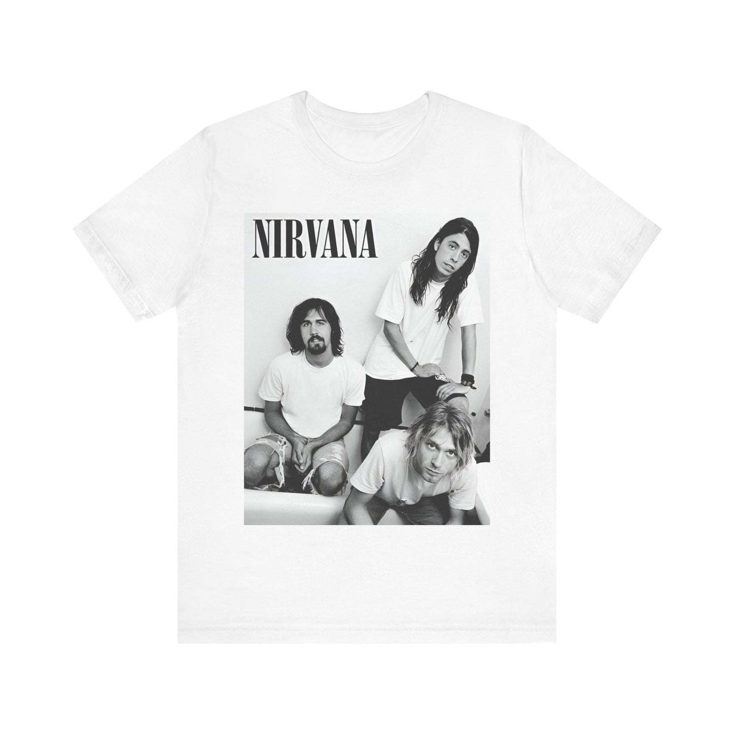 A black graphic t-shirt featuring a graphic of Nirvana emphasizing a rebellious grunge spirit.