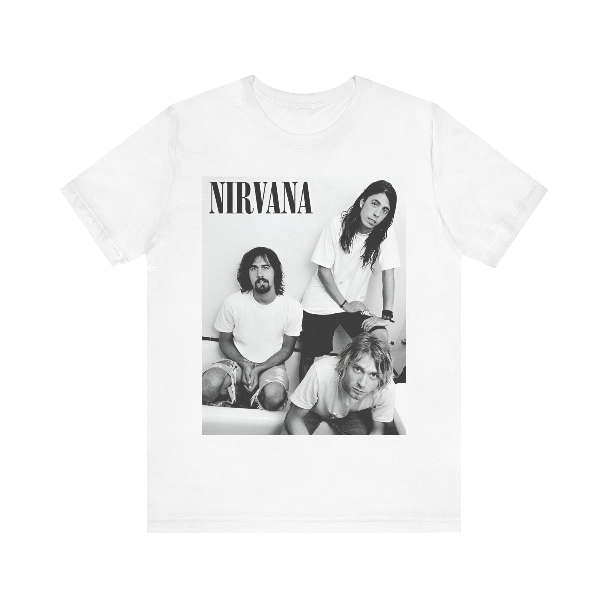 A black graphic t-shirt featuring a graphic of Nirvana emphasizing a rebellious grunge spirit.