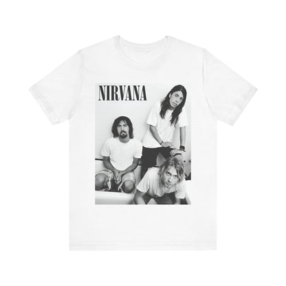 A black graphic t-shirt featuring a graphic of Nirvana emphasizing a rebellious grunge spirit.