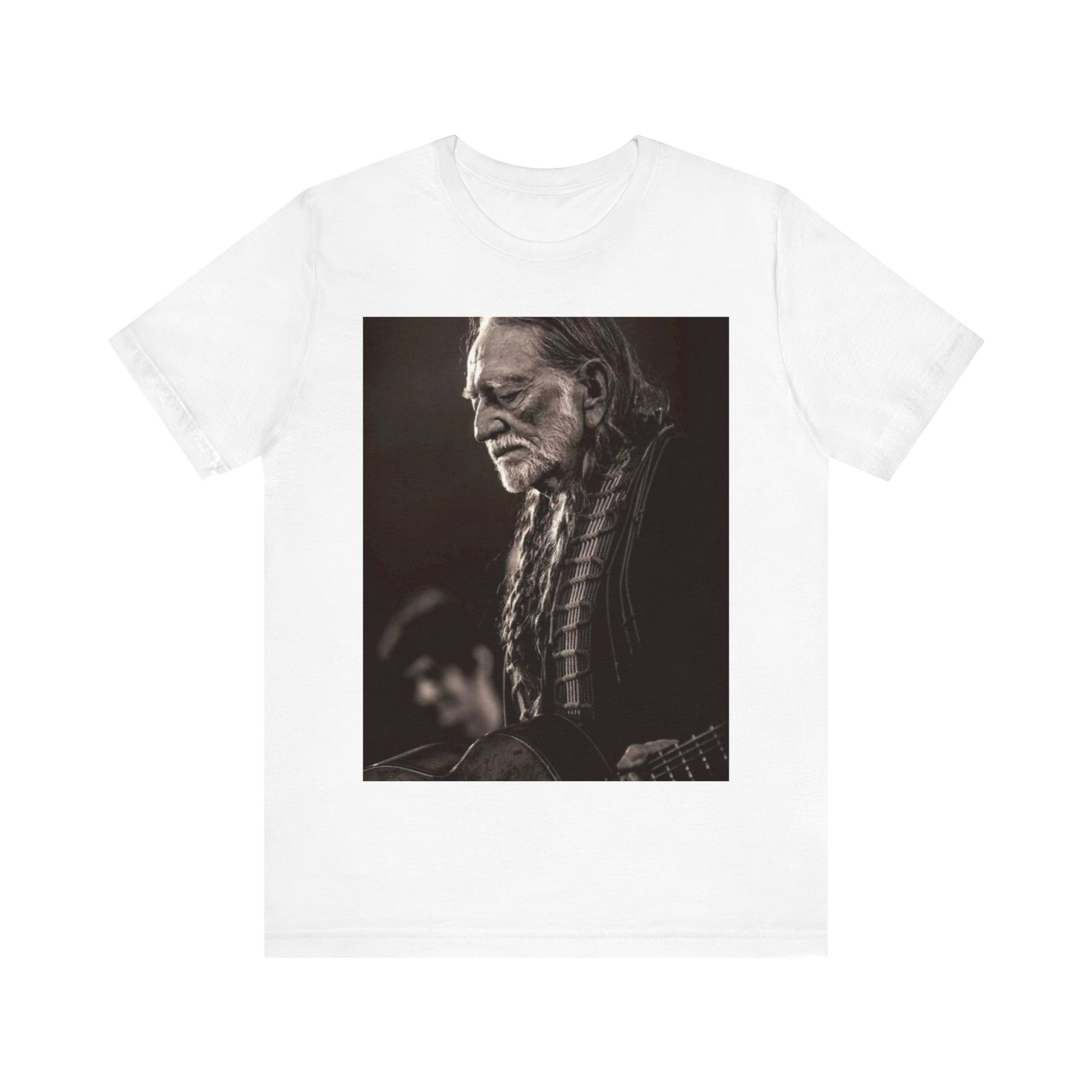 A black graphic t-shirt featuring a vintage country legend graphic of Willie Nelson.