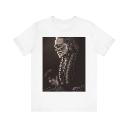 A black graphic t-shirt featuring a vintage country legend graphic of Willie Nelson.