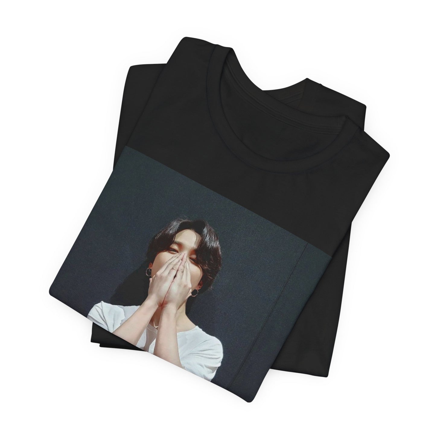 A black graphic t-shirt featuring a graphic of Jimin designed for everyday K-Pop style.