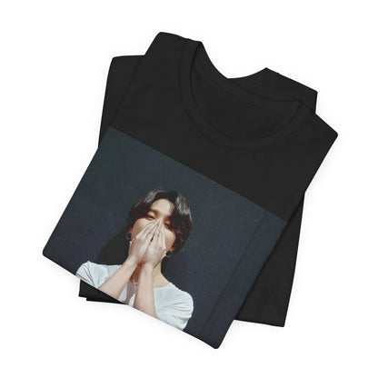 A black graphic t-shirt featuring a graphic of Jimin designed for everyday K-Pop style.