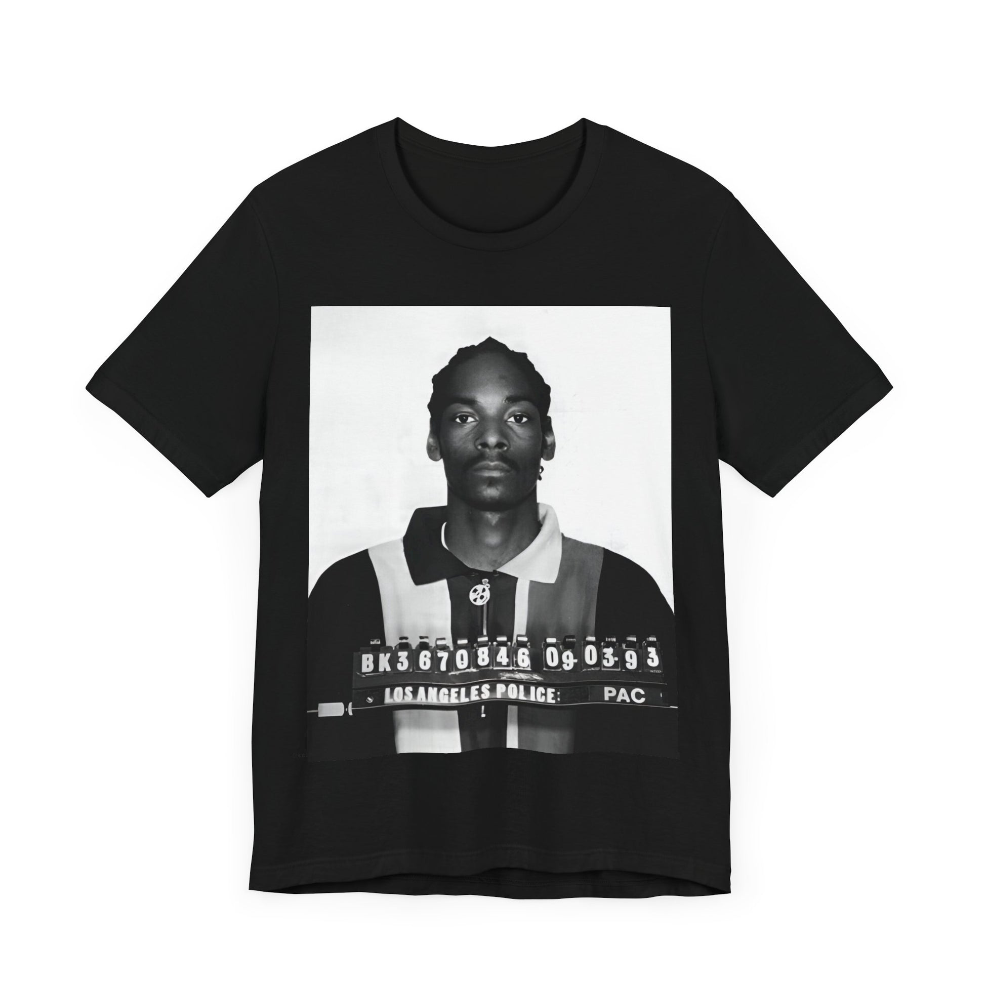 A black graphic t-shirt featuring a graphic of Snoop Dogg's mug shot.