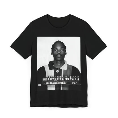 A black graphic t-shirt featuring a graphic of Snoop Dogg's mug shot.
