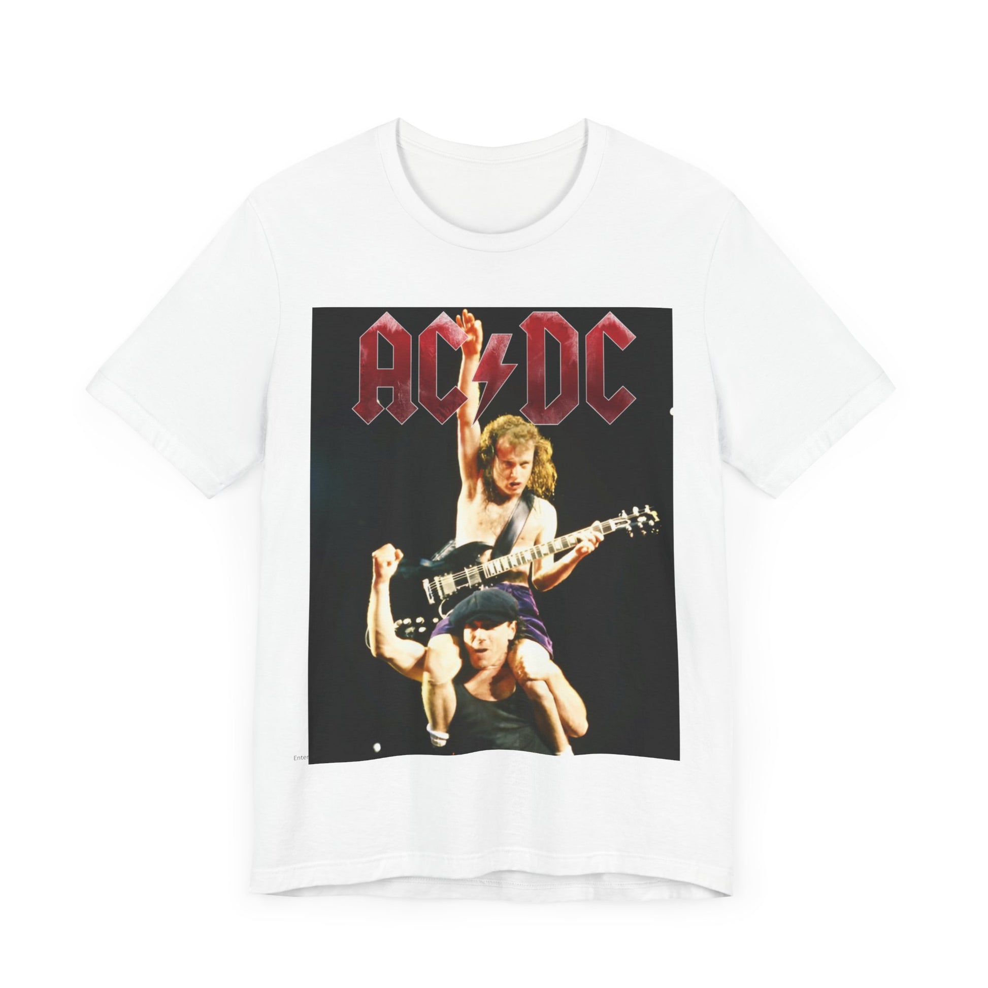 A black graphic t-shirt depicting AC/DC's Angus Young playing guitar while riding on the shoulders of Bon Scott, evocative of their "Highway to Hell" tour performances.