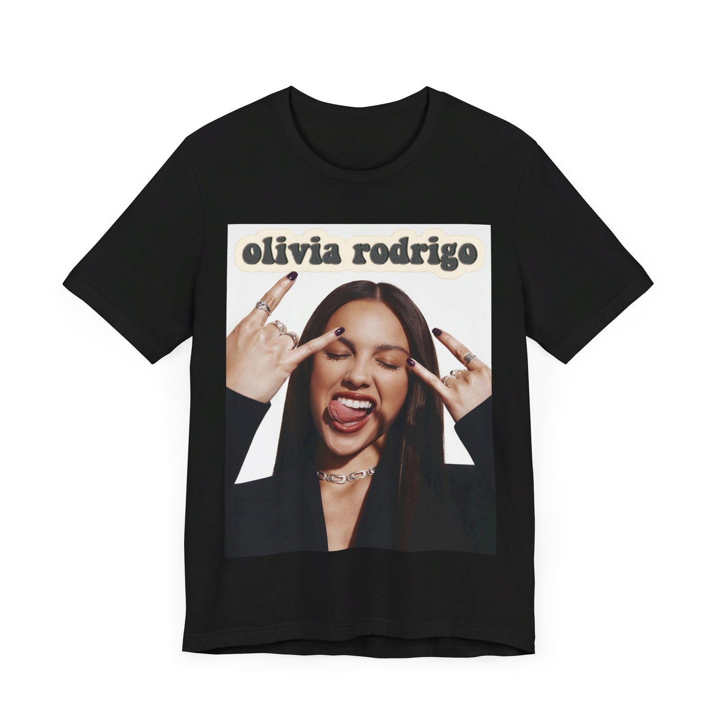 A black graphic t-shirt featuring a graphic related to Olivia Rodrigo's timeless pop anthems.