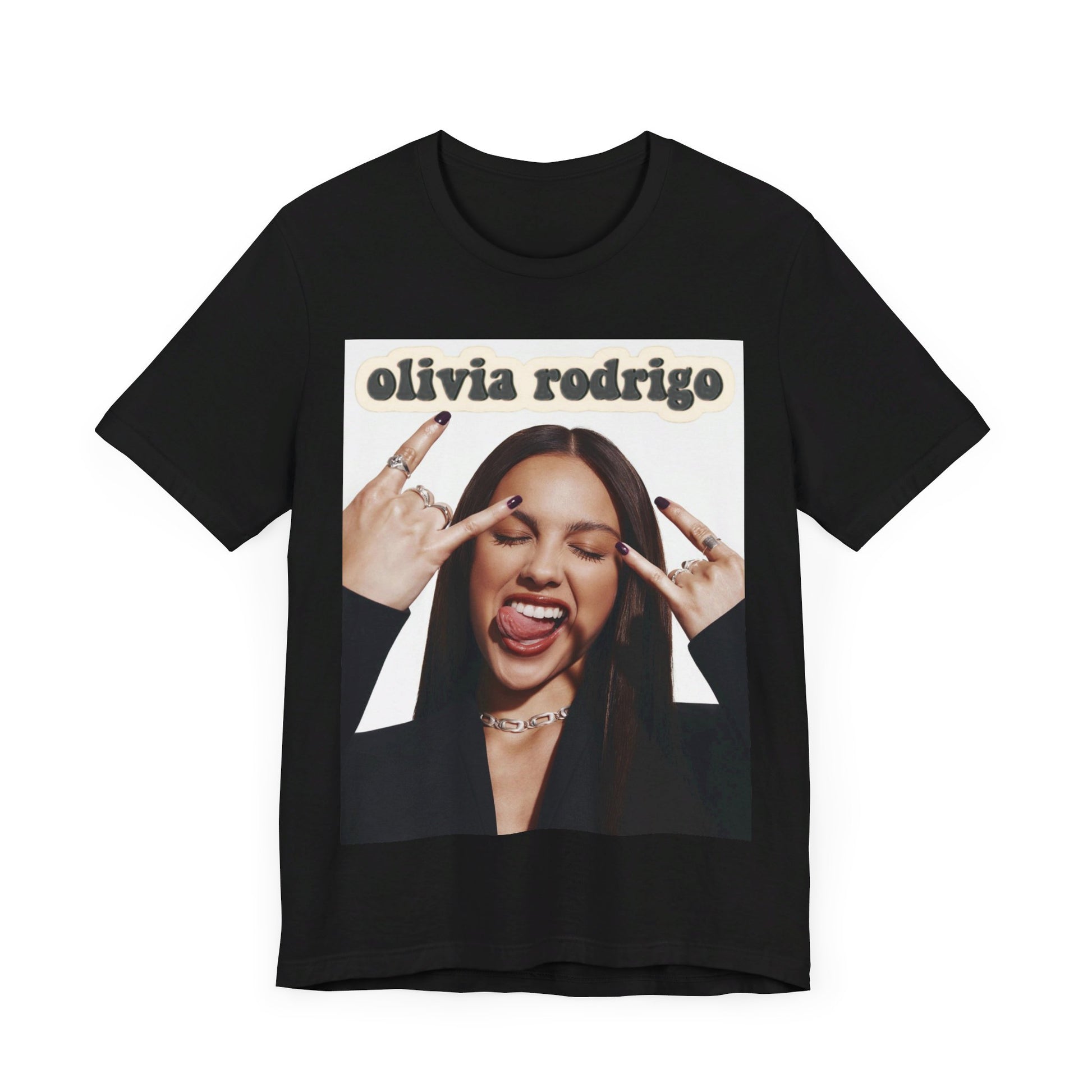 A black graphic t-shirt featuring a graphic related to Olivia Rodrigo's timeless pop anthems.