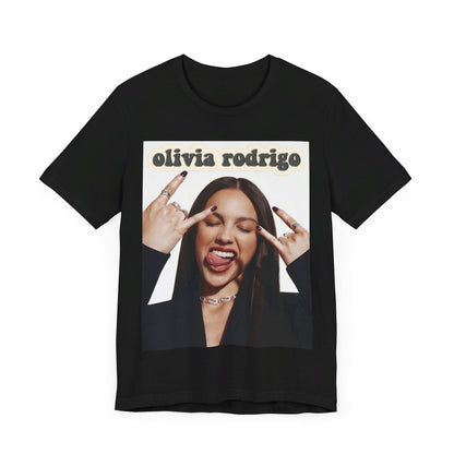 A black graphic t-shirt featuring a graphic related to Olivia Rodrigo's timeless pop anthems.
