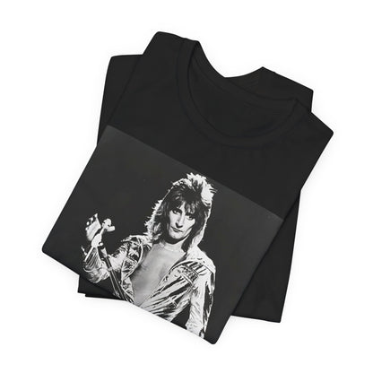 A black graphic t-shirt featuring a 70s black and white monochrome graphic or photo of Rod Stewart.