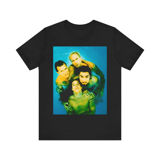 A black graphic t-shirt featuring a photo of Red Hot Chili Peppers band members by a pool.