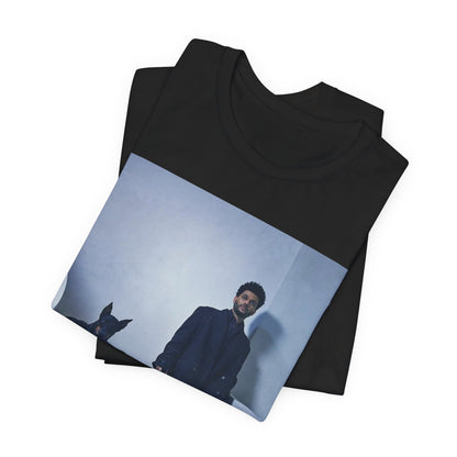 A black graphic t-shirt featuring a photo of The Weeknd with a doberman.