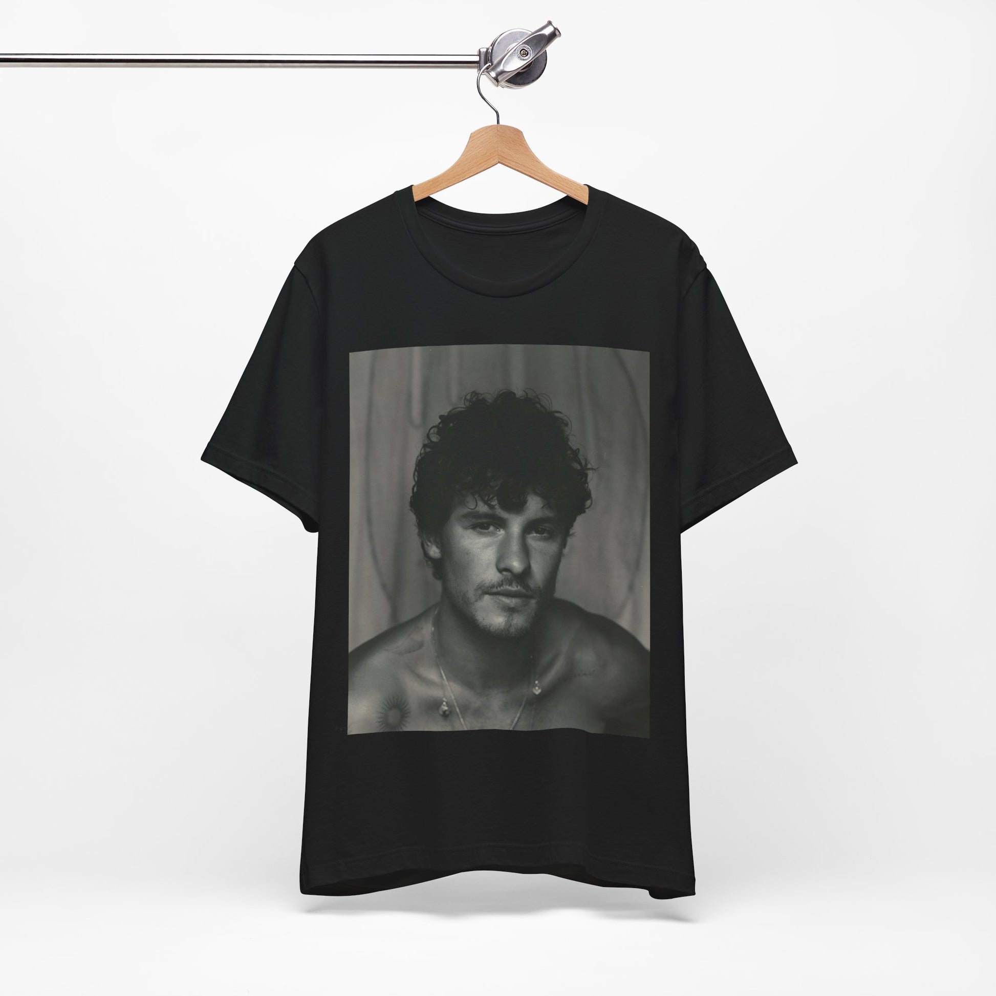A black graphic t-shirt featuring a fearless portrait graphic of Shawn Mendes.