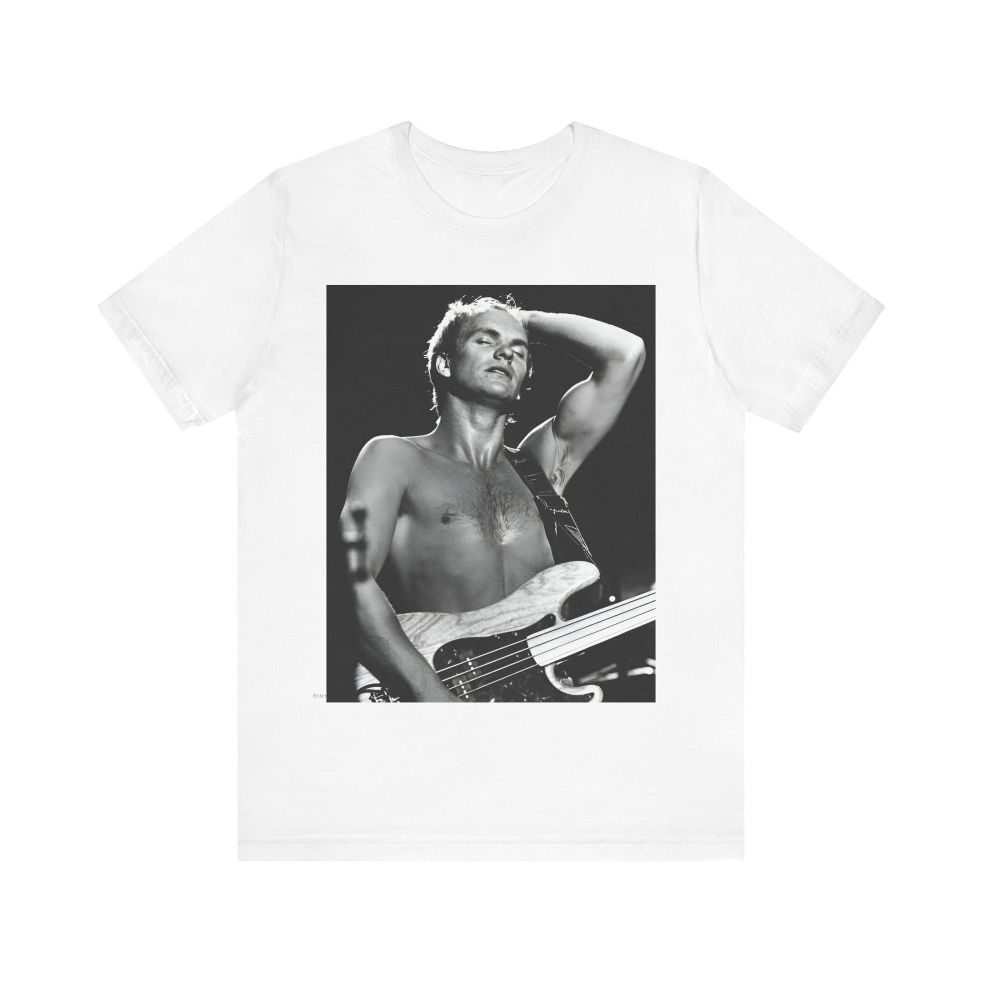 A black graphic t-shirt featuring a graphic or photo of Sting performing live on stage in 1983.