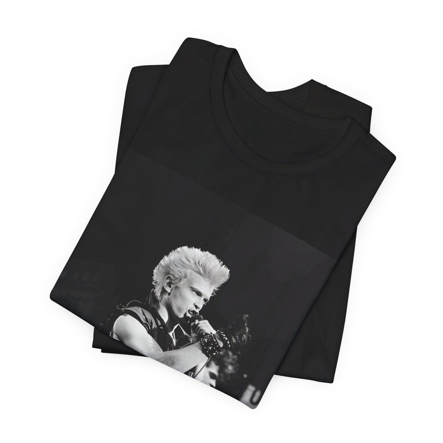 A black graphic t-shirt featuring a relaxed or candid graphic of Billy Idol, possibly on stage or in a merch style.