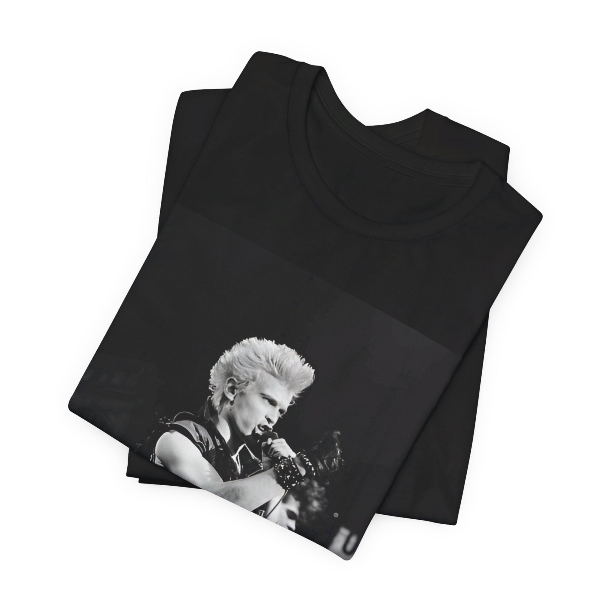 A black graphic t-shirt featuring a relaxed or candid graphic of Billy Idol, possibly on stage or in a merch style.