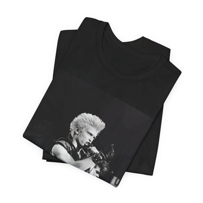 A black graphic t-shirt featuring a relaxed or candid graphic of Billy Idol, possibly on stage or in a merch style.