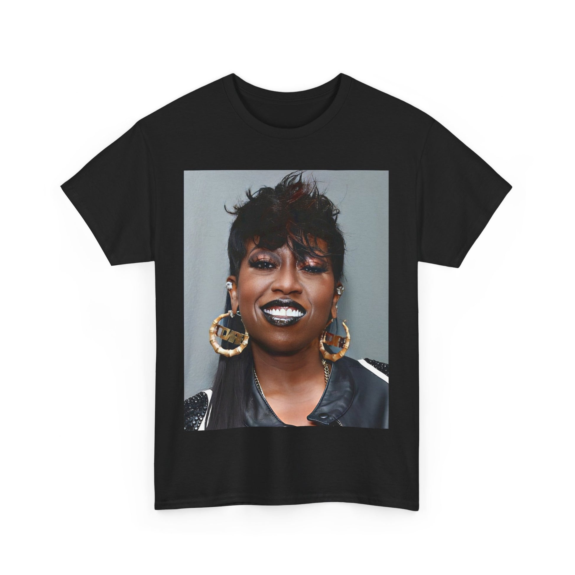 A black graphic t-shirt featuring a bold graphic of Missy Elliott as a rap superstar.