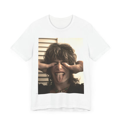A black graphic t-shirt featuring a vintage 70s band photo of Aerosmith, showing the members in their iconic early looks.
