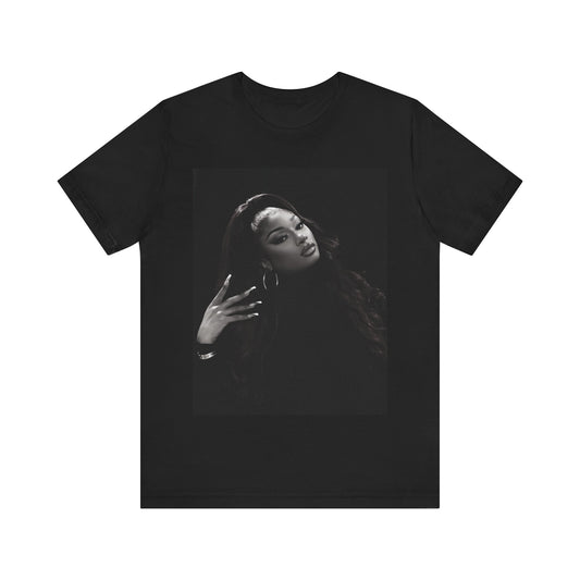A black graphic t-shirt featuring a black and white, monochrome graphic or photo of Megan Thee Stallion.