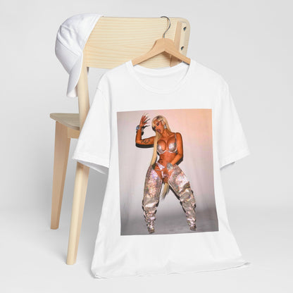 A black graphic t-shirt featuring a vintage graphic of Cardi B as a 'Bronx Queen' or rap icon.