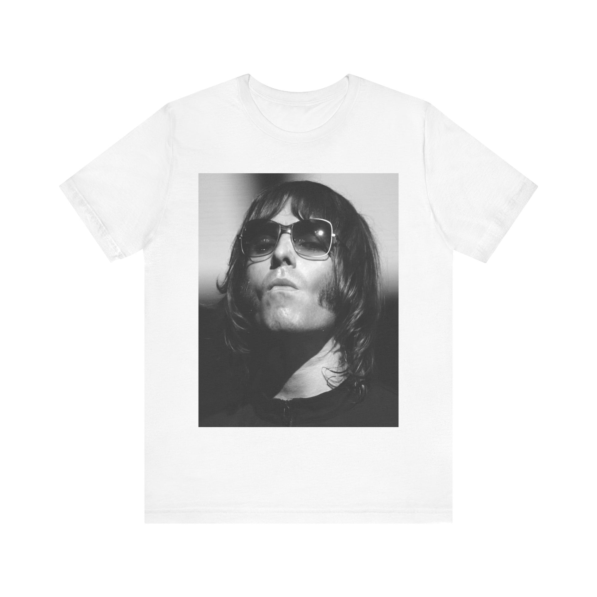 A black graphic t-shirt featuring a graphic of Liam Gallagher from Oasis related to the 'Morning Glory' album era.