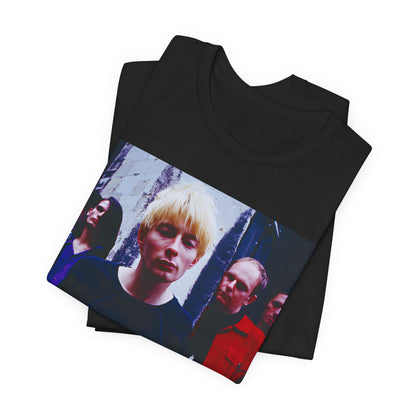 A black graphic t-shirt featuring a graphic of Radiohead as unapologetic art rock icons.