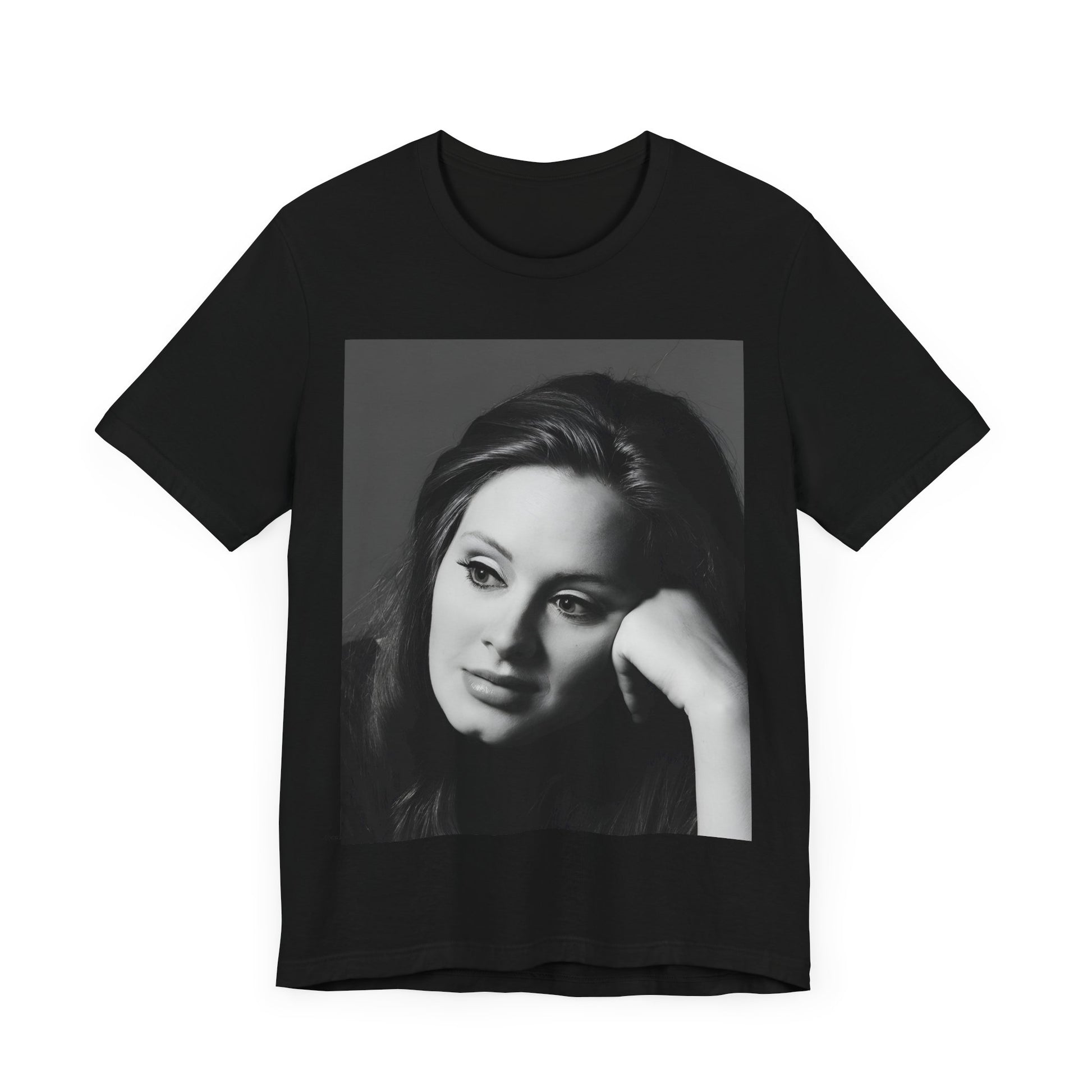 A black graphic t-shirt featuring a vintage-style black and white studio portrait of Adele, showing her with a poised and elegant expression.