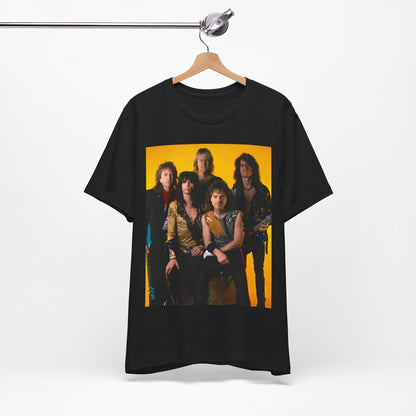 A black graphic t-shirt featuring a band photo of Aerosmith from the 1980s, showing the members in their iconic styles from that decade.