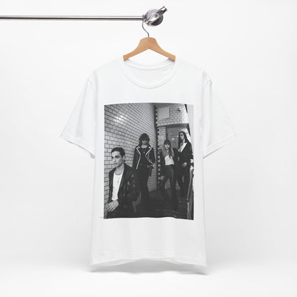 A black graphic t-shirt featuring a black and white graphic or photo of Maneskin in a backstage setting.
