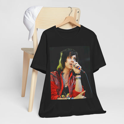 A black graphic t-shirt featuring a vintage indie rock graphic of The Strokes.