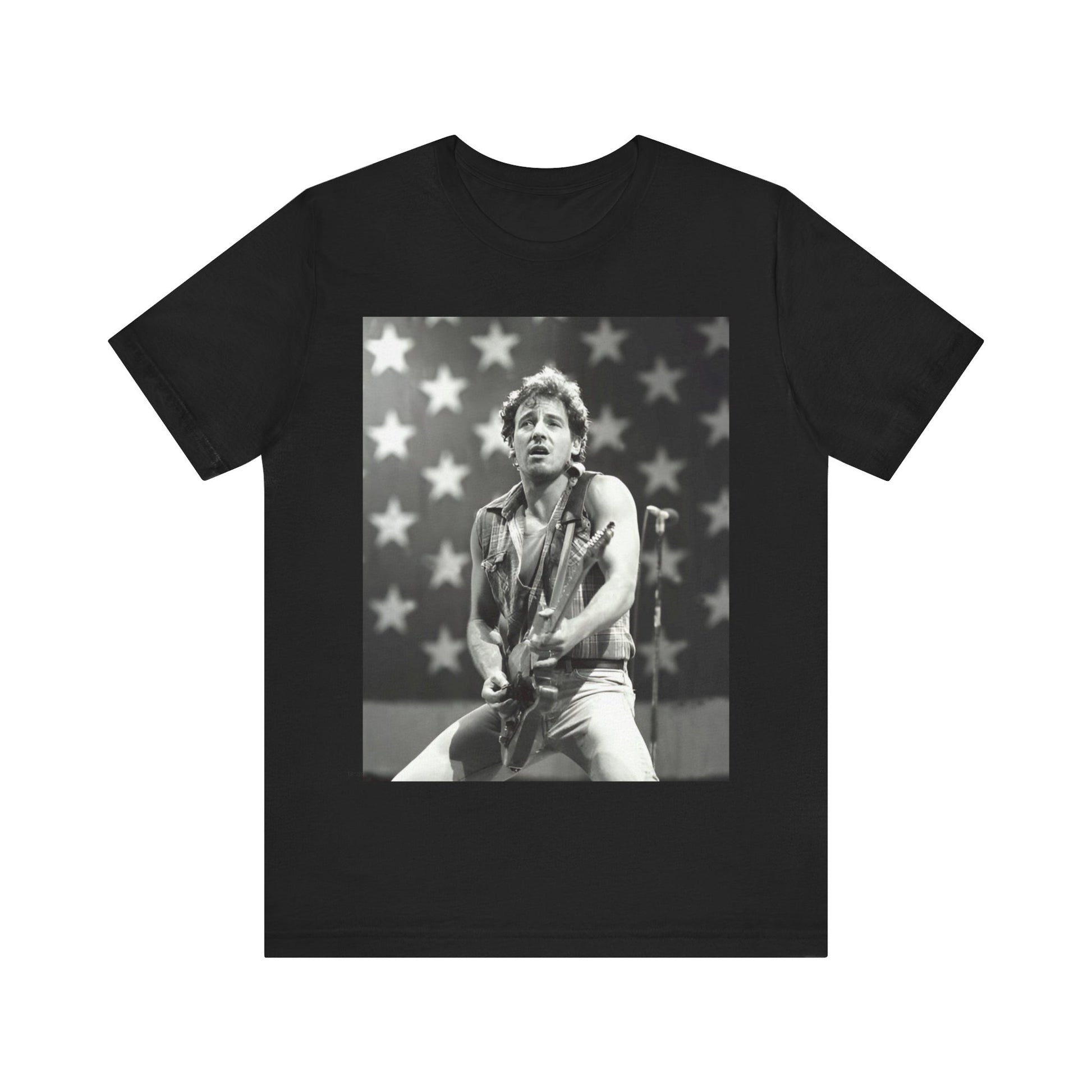 A black graphic t-shirt featuring a black and white graphic of Bruce Springsteen with an American flag background or elements.