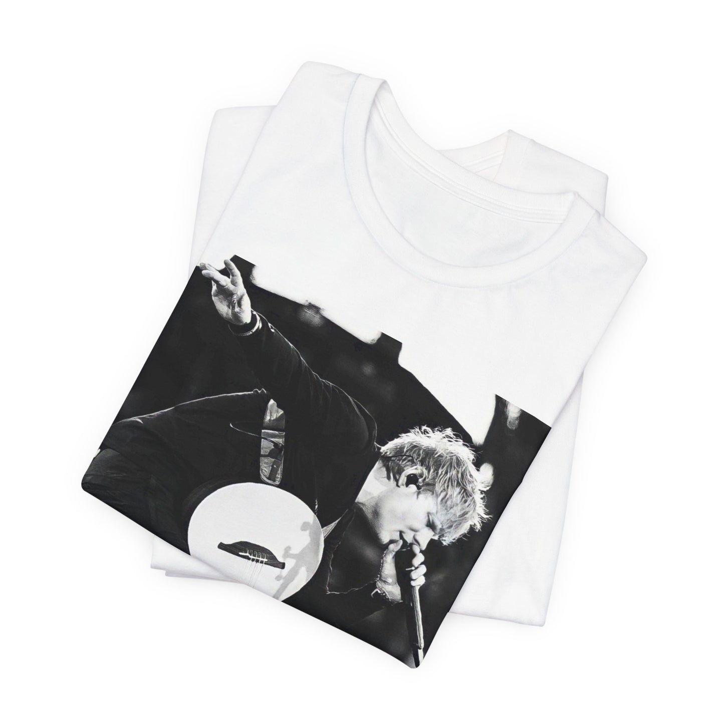 A black graphic t-shirt featuring a vintage graphic of Ed Sheeran performing live.