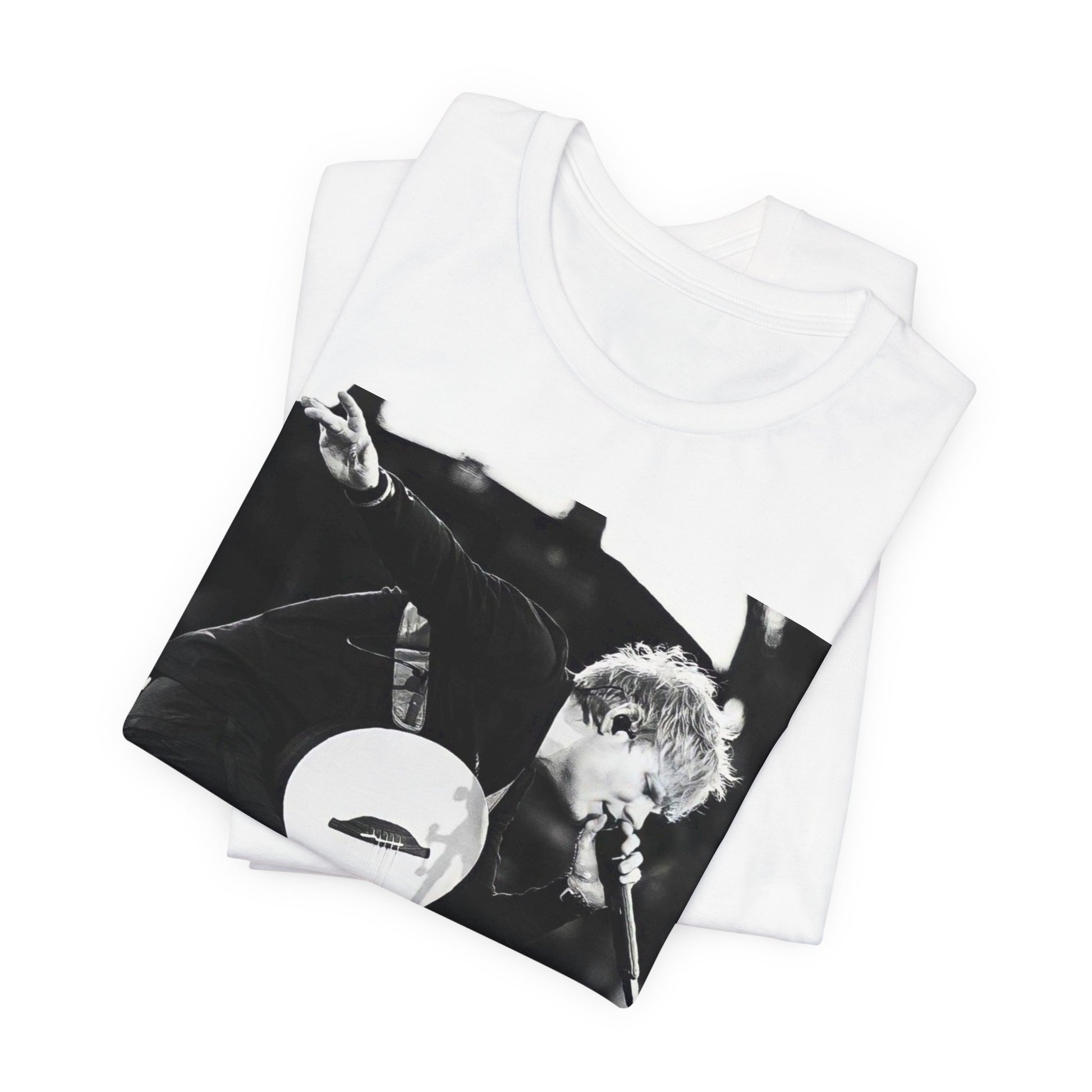 A black graphic t-shirt featuring a vintage graphic of Ed Sheeran performing live.