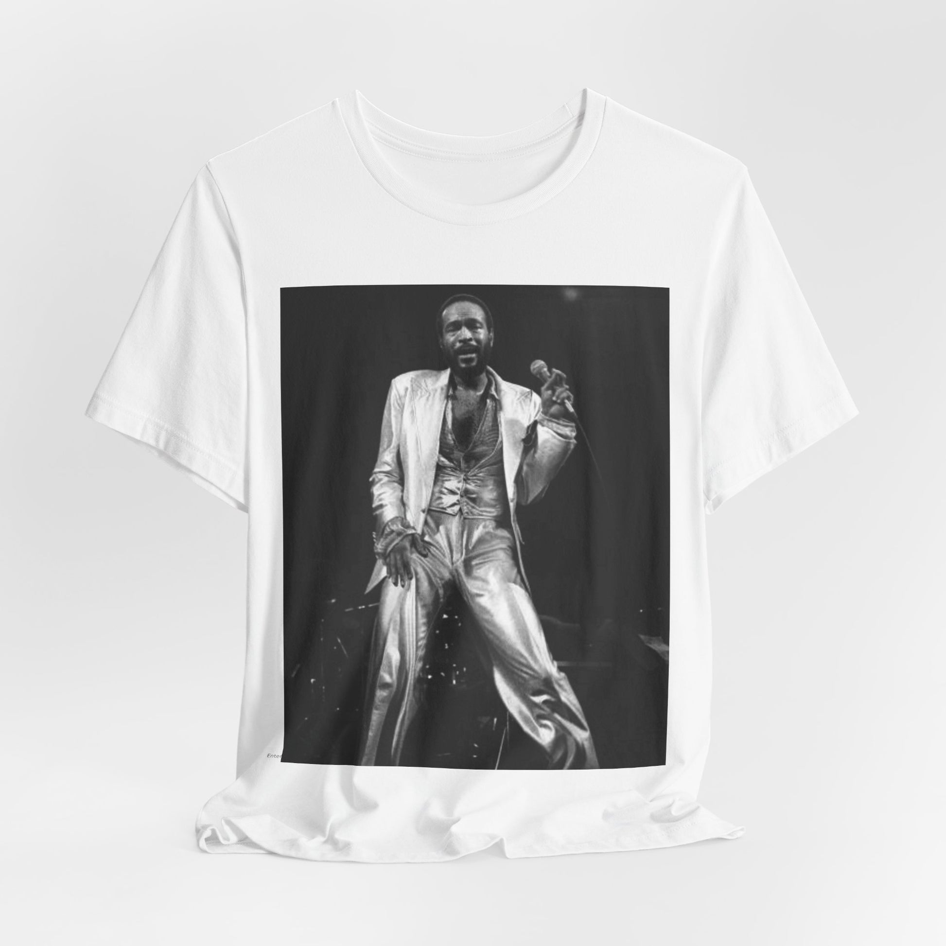 A black graphic t-shirt featuring a live graphic related to Marvin Gaye's 'Sexual Healing' song or era.