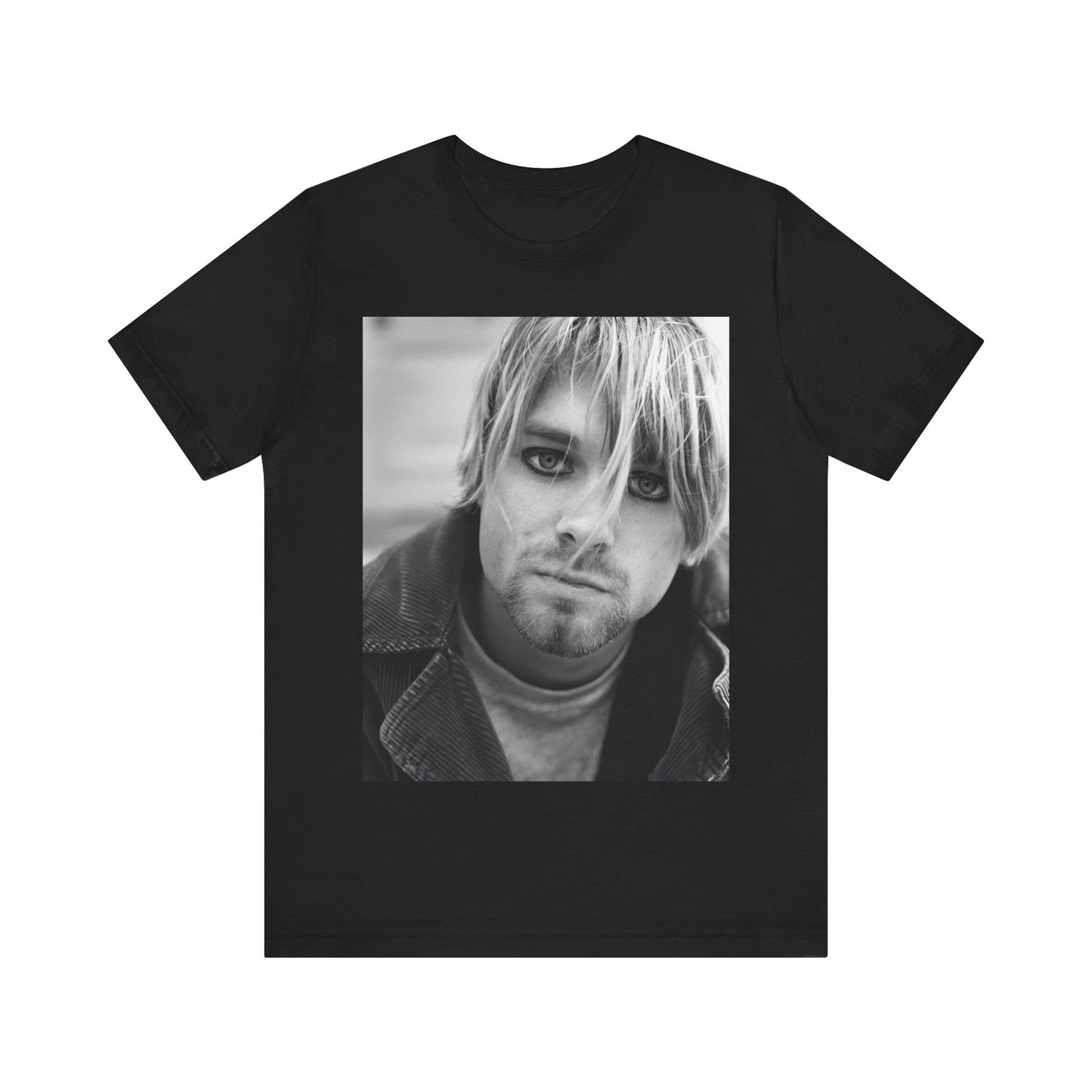 A black graphic t-shirt featuring a classic 90s alt rock graphic of Nirvana.