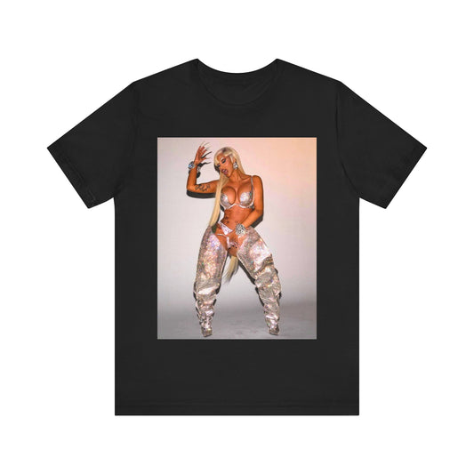 A black graphic t-shirt featuring a vintage graphic of Cardi B as a 'Bronx Queen' or rap icon.