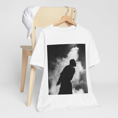 A black graphic t-shirt featuring a timeless black and white graphic or photo portrait of Drake.