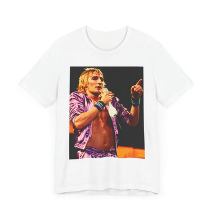 A black graphic t-shirt featuring a graphic of Rod Stewart with a chill 70s rock aesthetic.