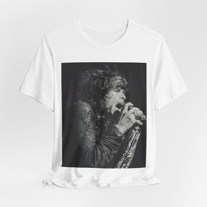 A black graphic t-shirt featuring a retro 70s-style illustration or photo of Aerosmith, designed to evoke their 'On Tour' presence, possibly with band members on stage or tour bus imagery.