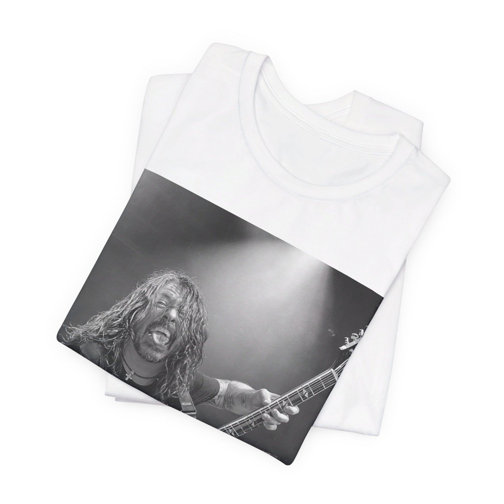 A black graphic t-shirt featuring a graphic of Dave Grohl from Foo Fighters playing guitar in concert.