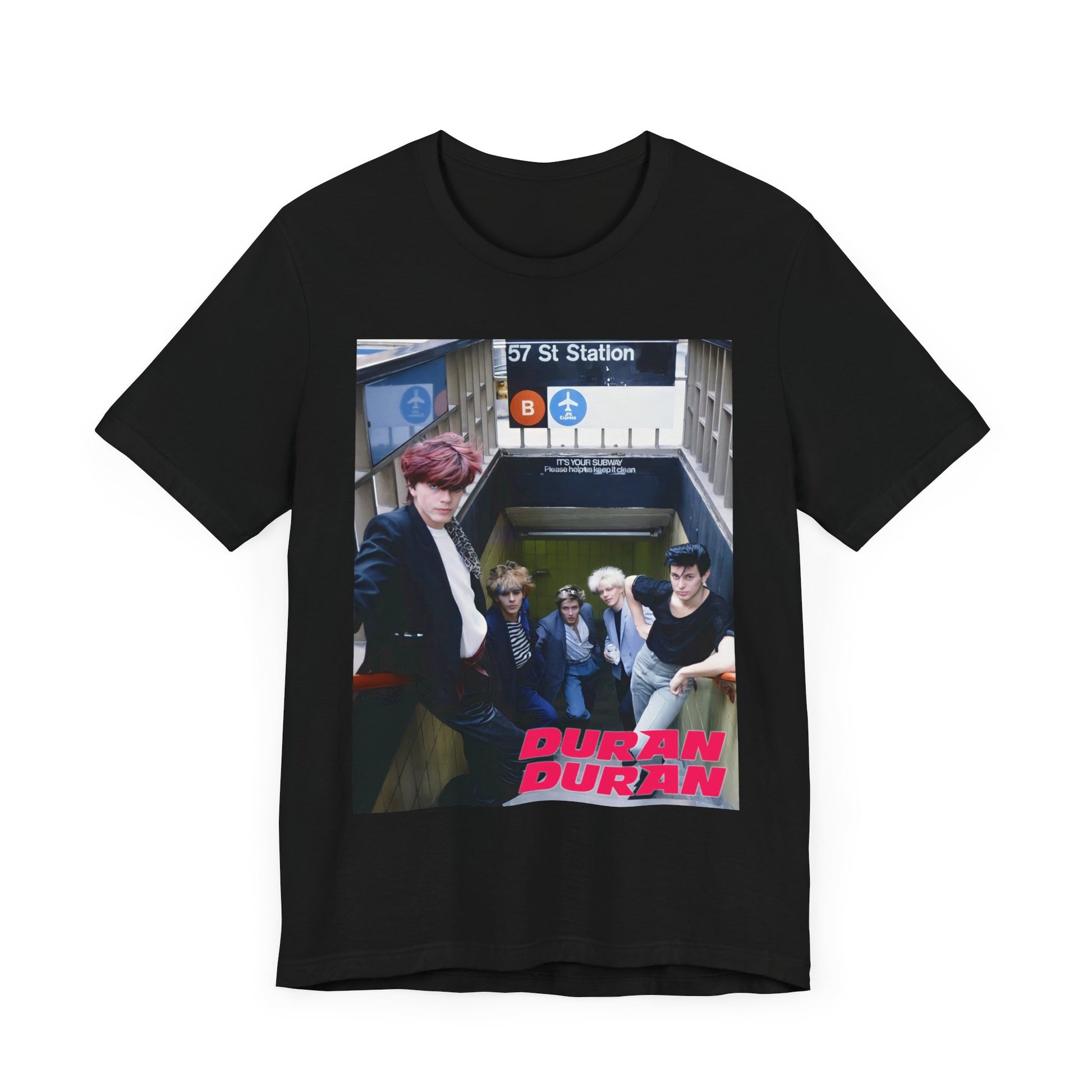 A black graphic t-shirt featuring an 80s photo of Duran Duran in a subway station.