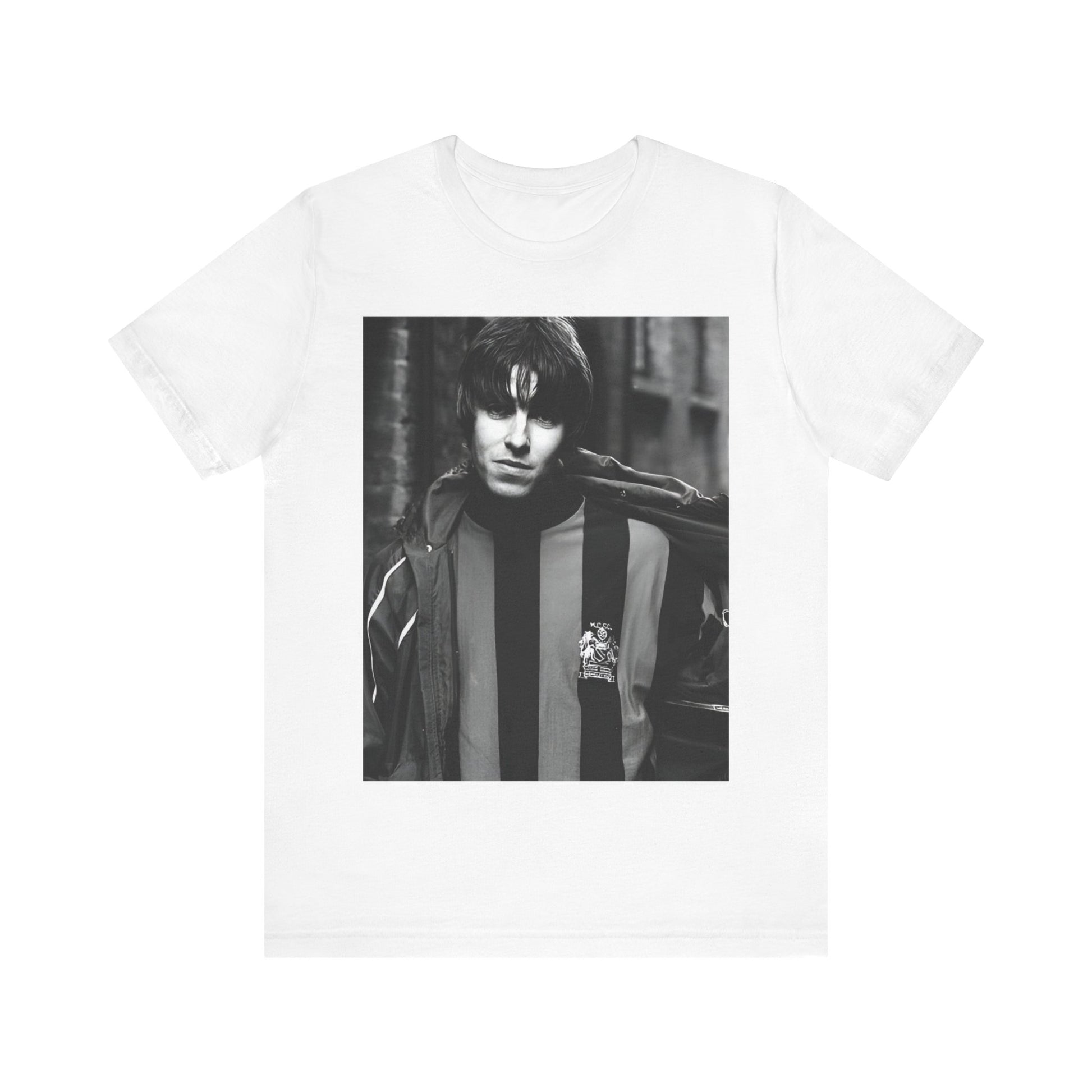A black graphic t-shirt featuring a photo of Liam Gallagher from Oasis, showing his support for Manchester City.